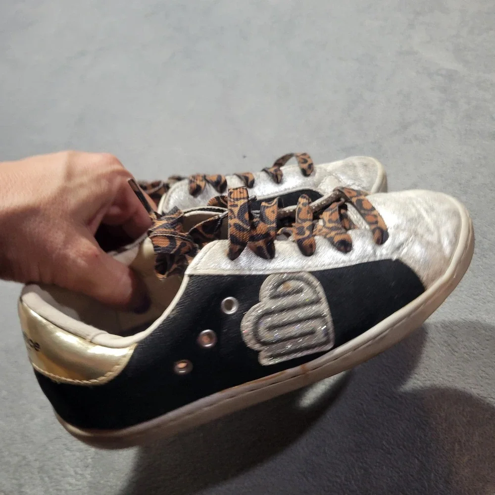 Justice Sport Sneakers Girls‎ Size 3 Black Gold Silver Leopard Print Heart GMJU4